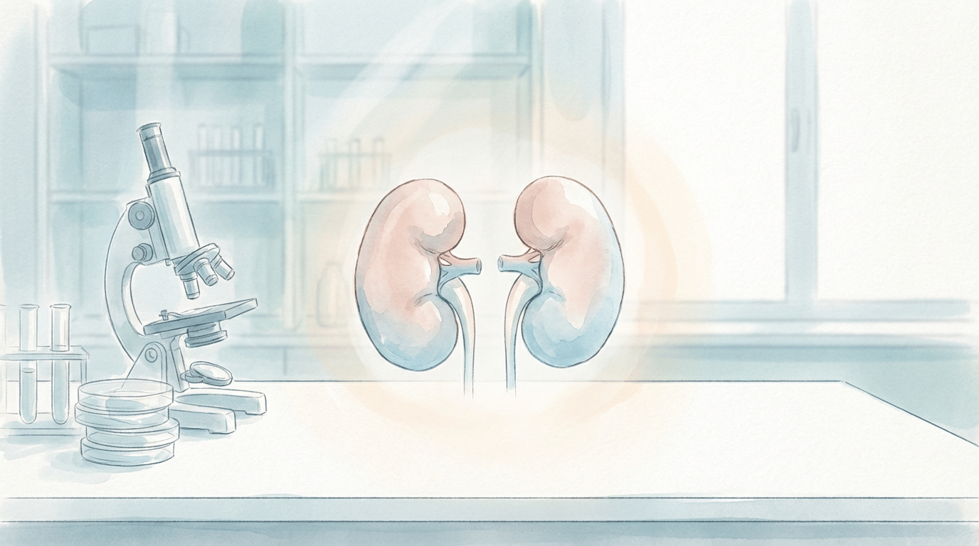 Illustrated editorial image: Novartis Fabhalta IgA nephropathy kidney study