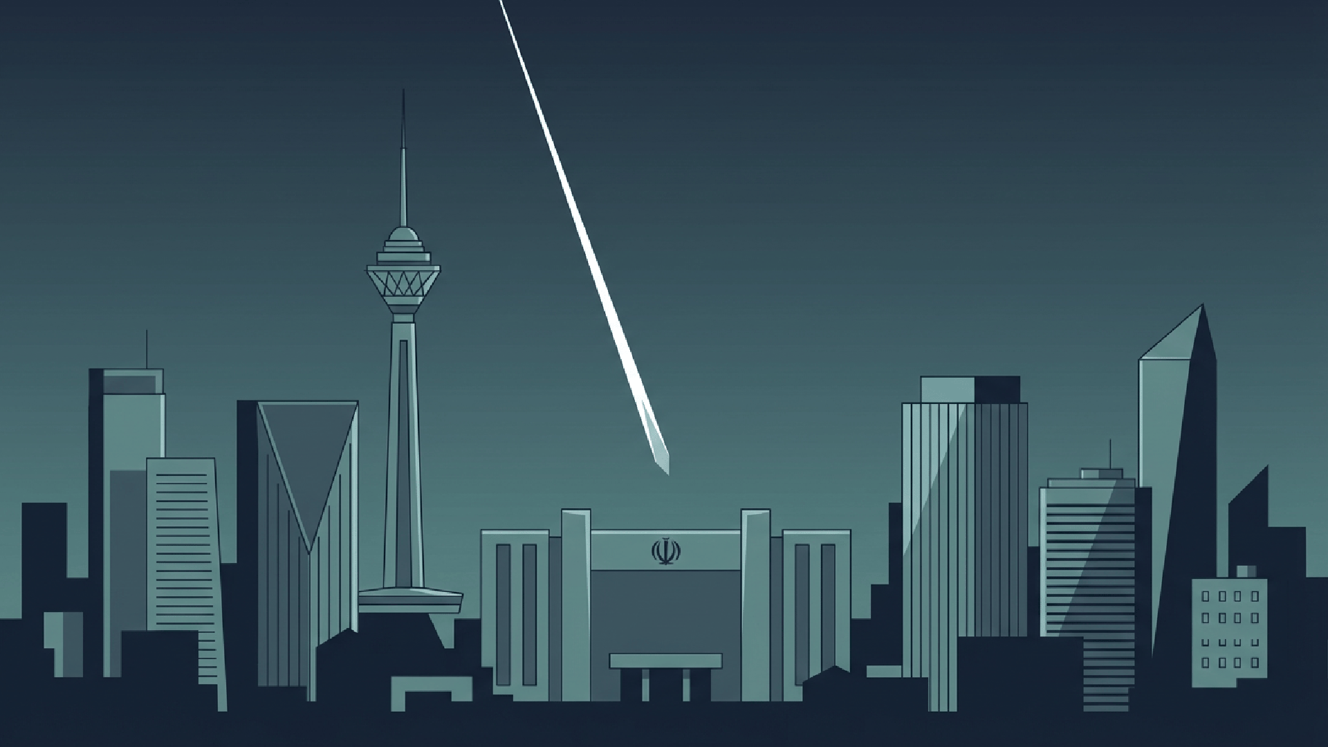 Editorial illustration of Tehran showing precision strike targeting