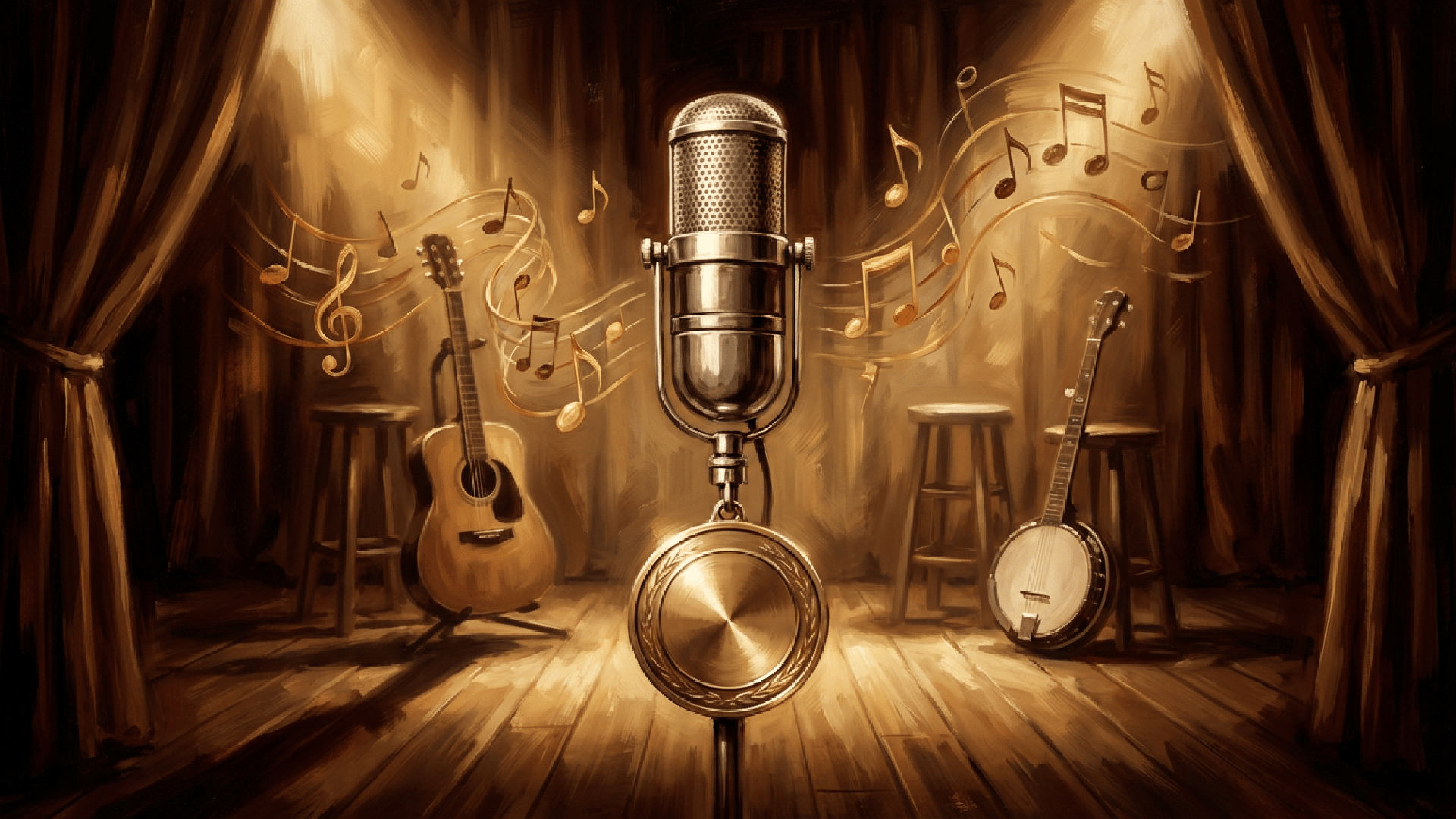Editorial illustration of a microphone and Hall of Fame medallion motifs