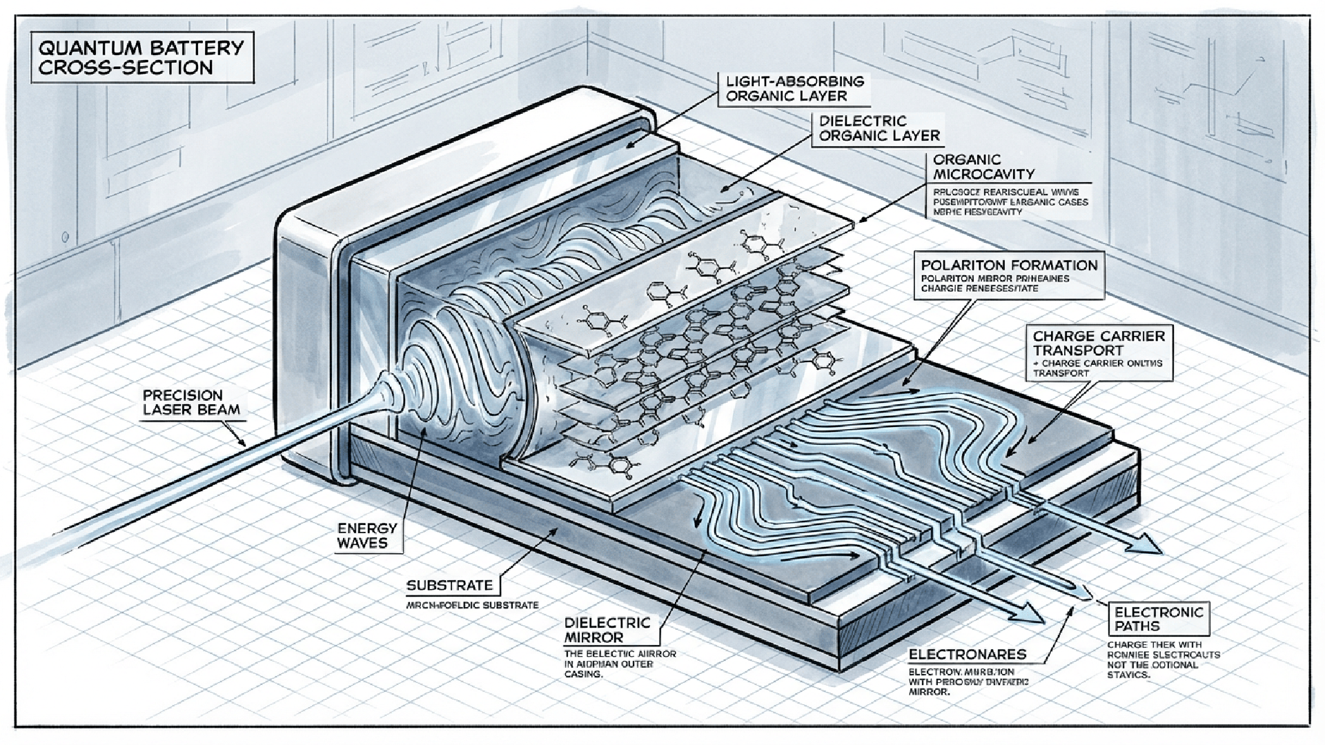 Editorial illustration of a laser charging a layered quantum battery device