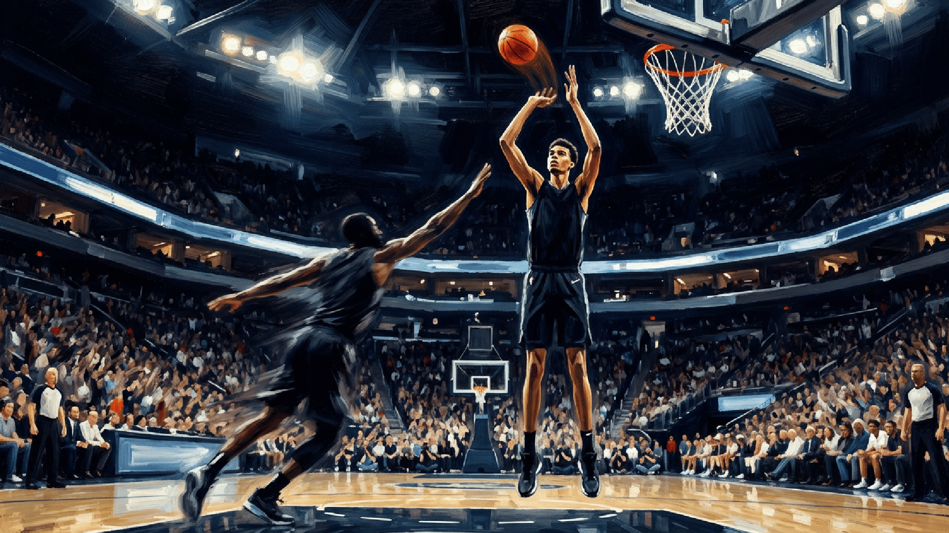 Editorial basketball illustration of a last-second shot