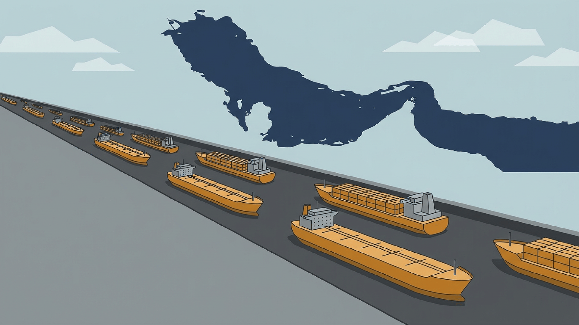 Editorial illustration of ships transiting a narrow waterway