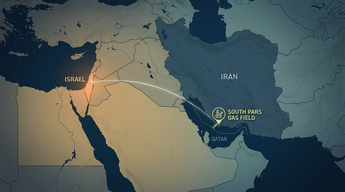 Map showing Israel and the location of Iran's South Pars gas field in the Persian Gulf