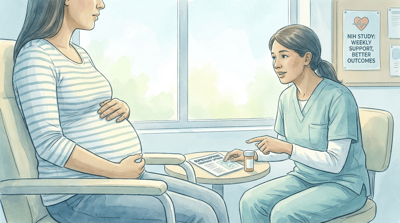 A compassionate editorial illustration depicting a pregnant individual in a clinical setting, suggesting treatment for opioid use disorder, with a focus on recovery and medical support.