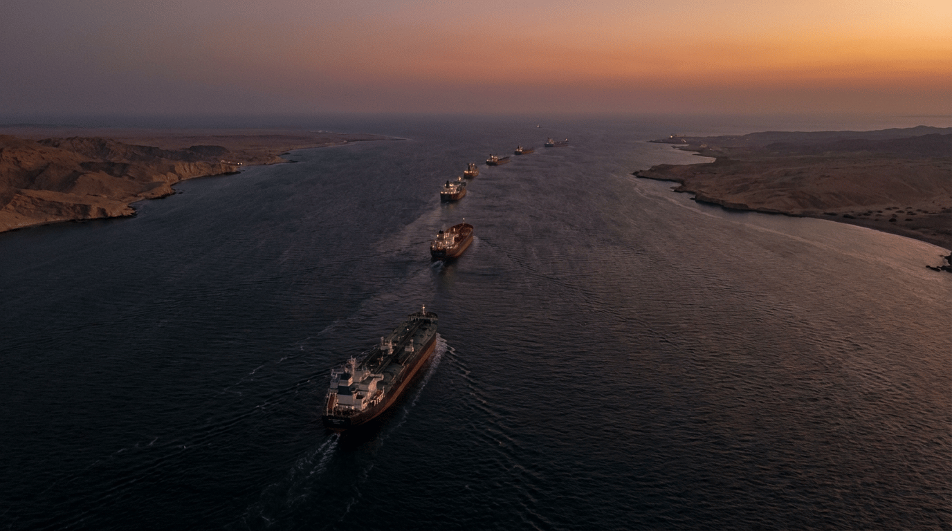 Aerial editorial view of oil tankers transiting the Strait of Hormuz, illustrating global shipping and energy risk.